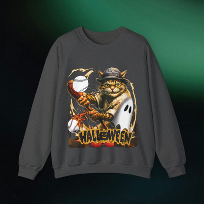 Halloween Cat Baseball Sweatshirt | Playful Feline and Pumpkins | Spooky Sports | Halloween Fun Sweatshirt Sweatshirt S Dark Heather 