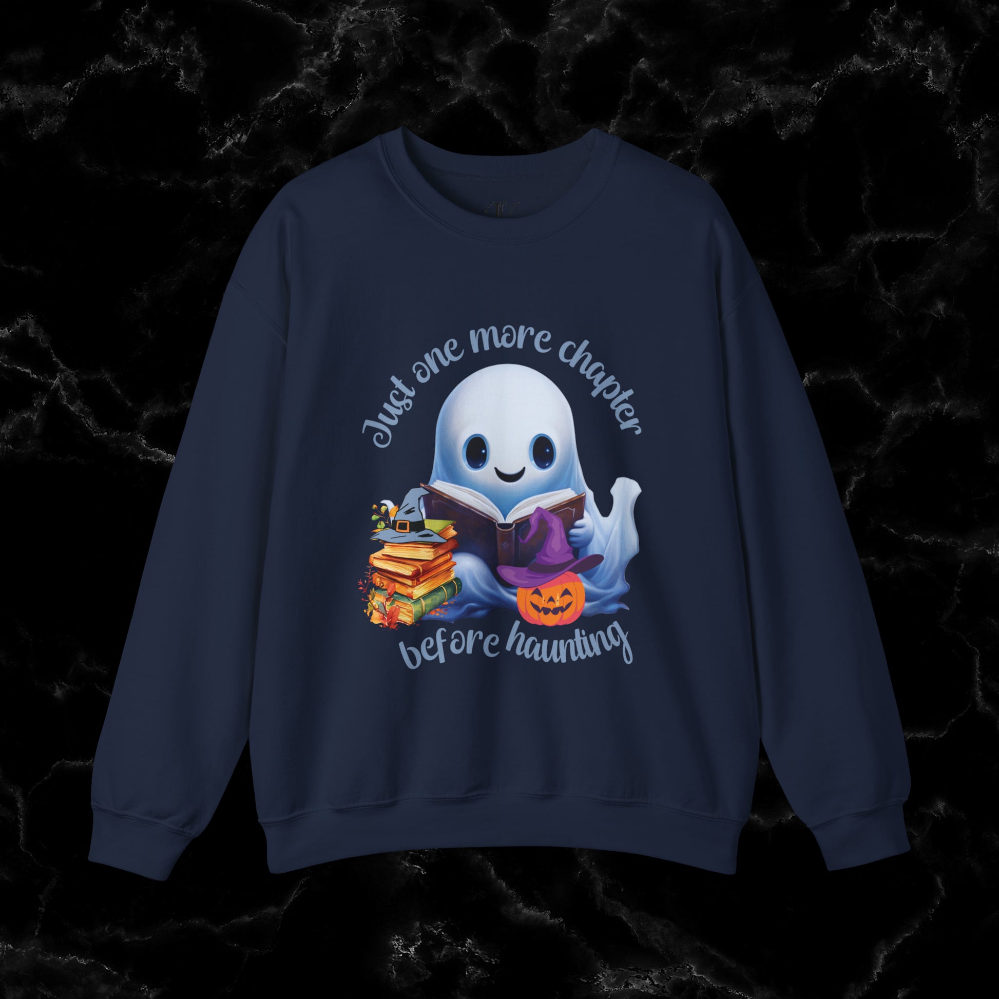 Just One More Chapter Sweatshirt | Book Lover Halloween Sweater - Librarian Sweatshirt - Halloween Student Sweater - Halloween Ghost Book Ghost Sweatshirt S Navy 