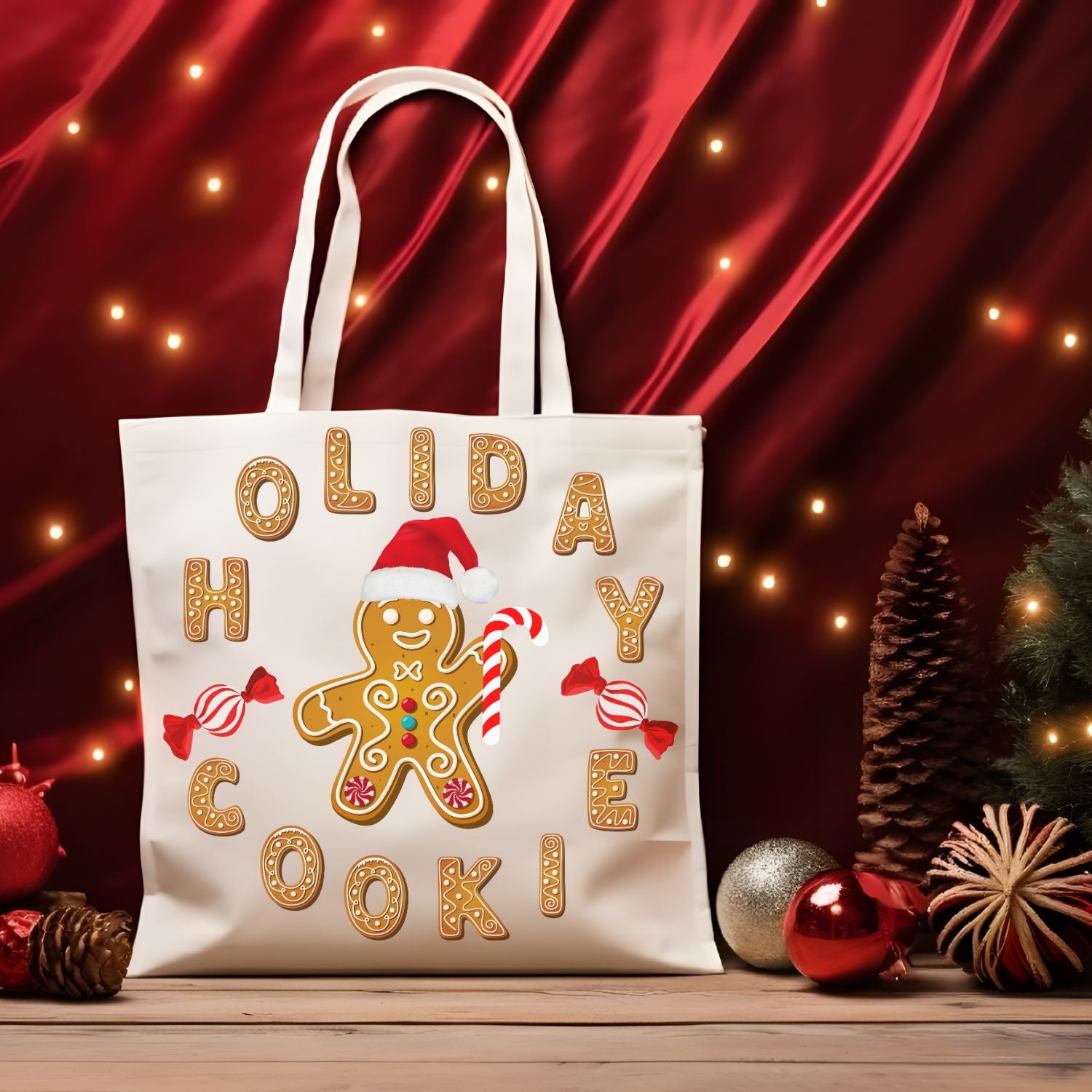 Holiday Tote Bag | Christmas Present Gift Bag - Gingerbread Tote Bag | Gingerbread Cookie Tote Accessories   