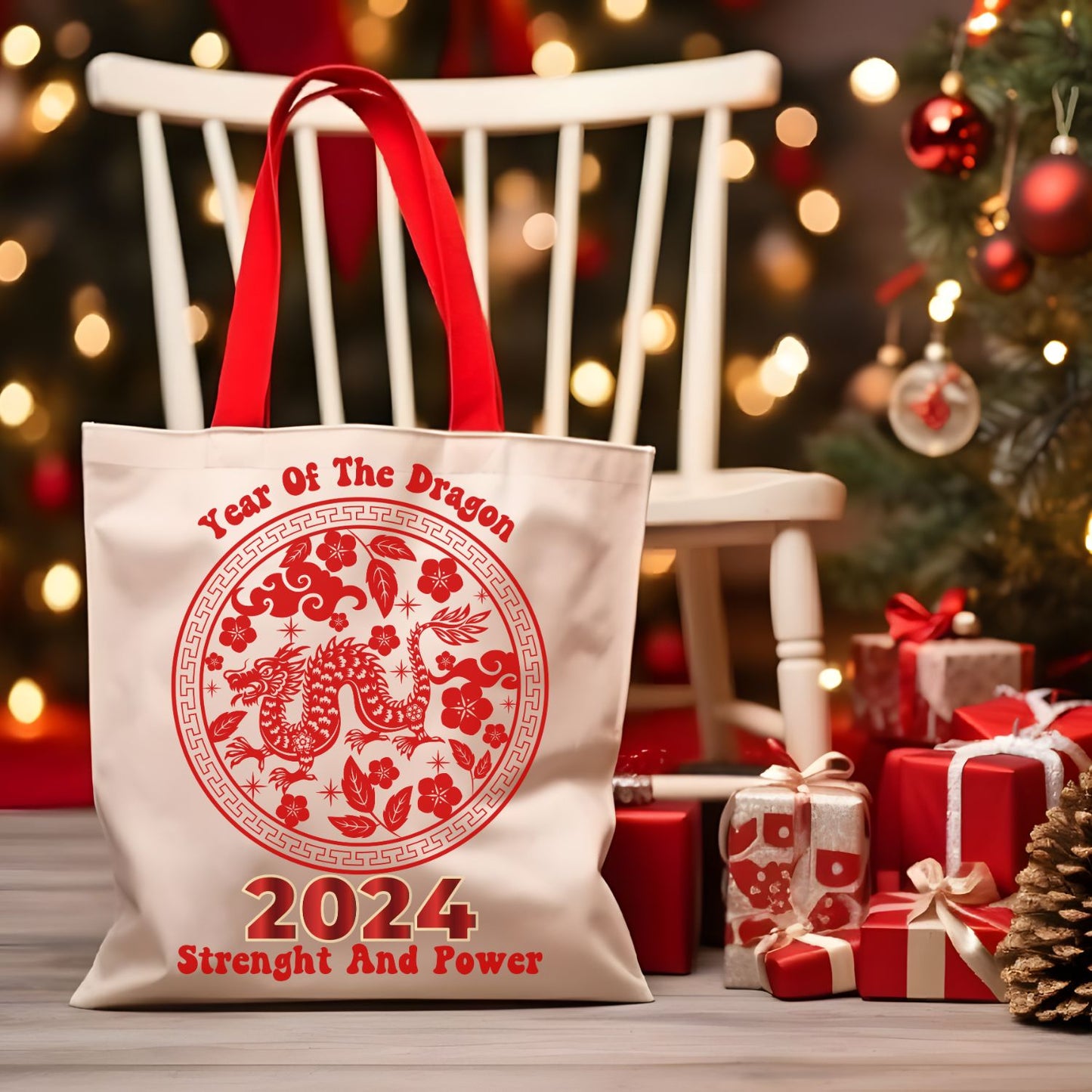 Year of the Dragon Tote Bag - 2024 Chinese Zodiac Canvas Shopper with 5 Strap Colors Accessories   