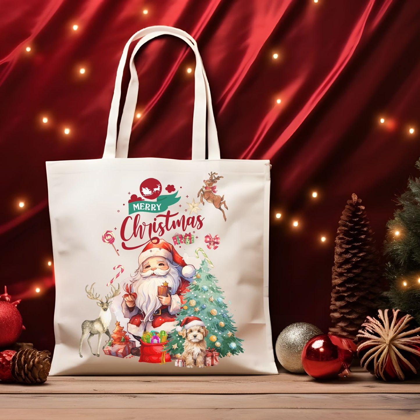 Merry Christmas Tote Bag - Family Christmas Gift Bag, Holiday Shopping with Santa Claus Accessories   