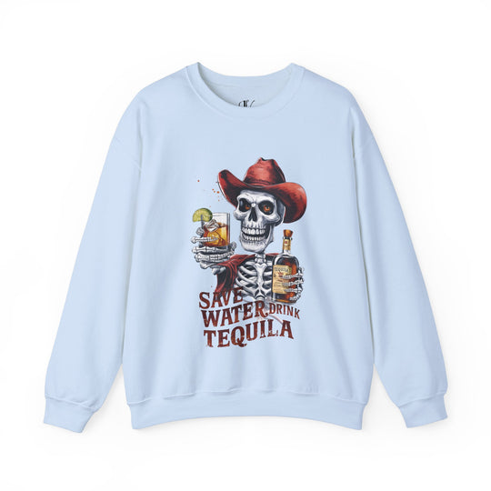 Sweatshirt - Save Water Drink Tequila Skeleton Sweatshirt Printify S Light Blue