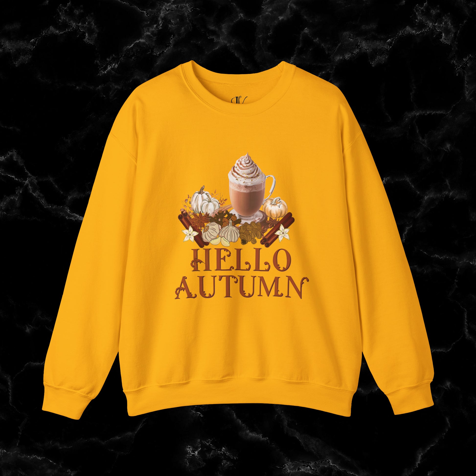 Hello Autumn Jumper | Pumpkin Spice Latte Leaves Sweatshirt - Fall Fashion Sweatshirt S Gold 