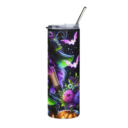 Bad Witch Vibes 20oz Stainless Steel Tumbler — Halloween Witch, Bats & Pumpkins Mug Printify
