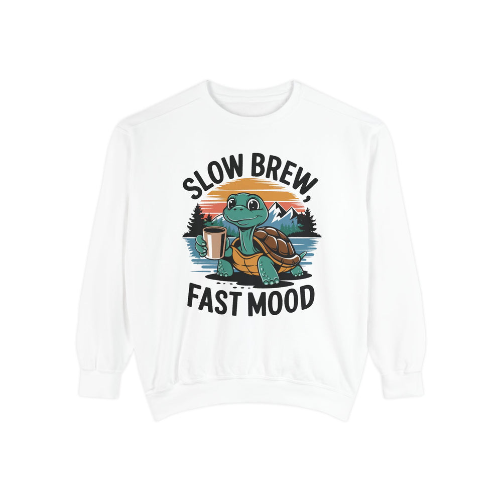 Turtle Coffee Sweatshirt - Slow Brew Fast Mood Sweatshirt Printify White S