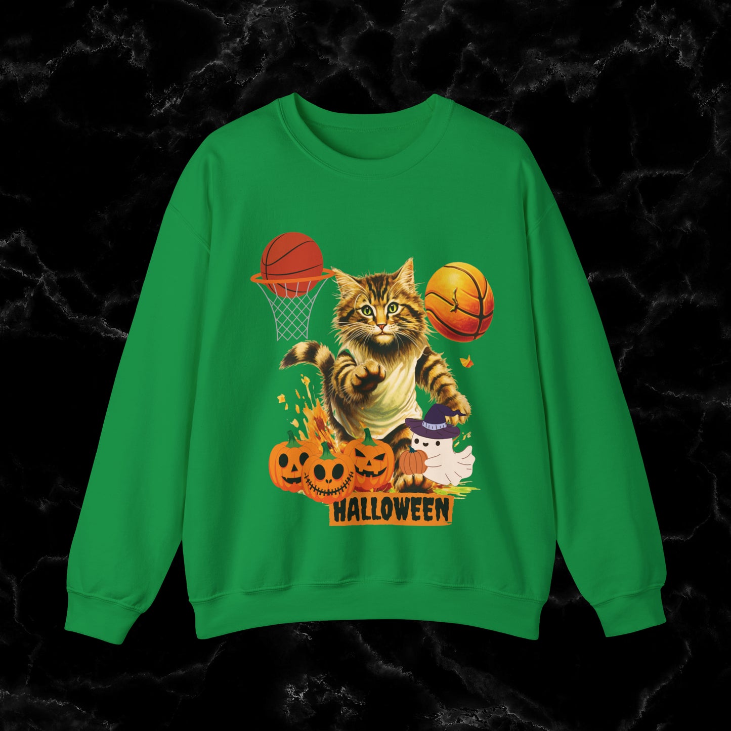 Halloween Cat Basketball Sweatshirt | Playful Feline and Pumpkins | Spooky Sports | Halloween Fun Sweatshirt Sweatshirt S Irish Green 