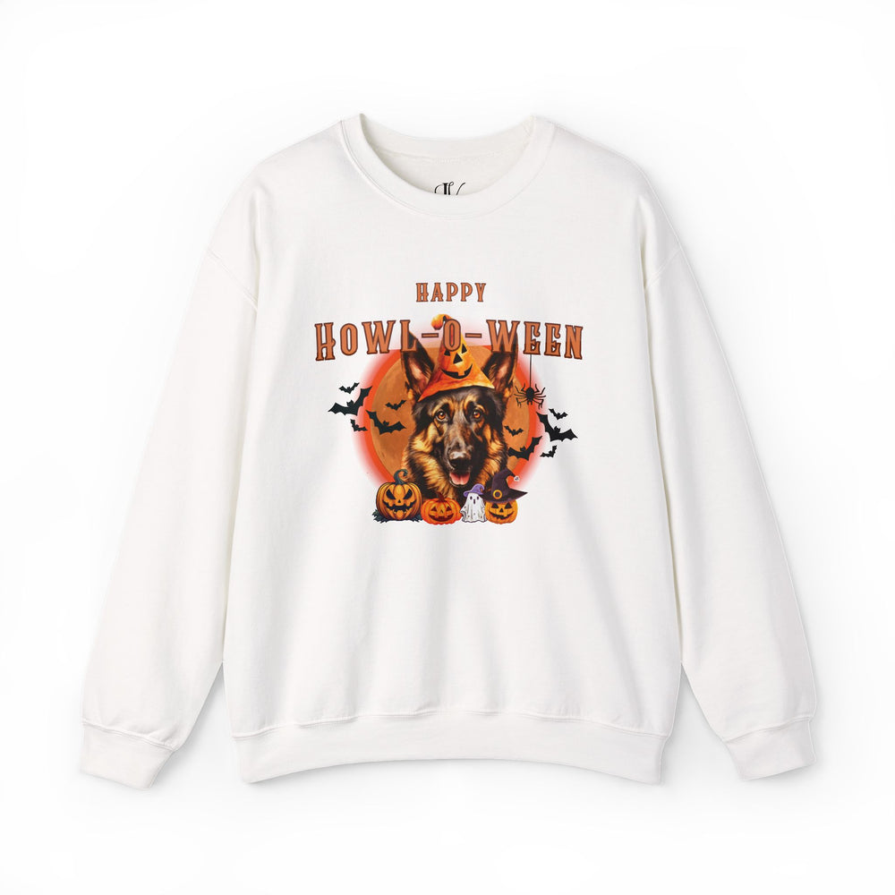 Howl-oween German Shepherd Sweatshirt: Spooky Dog Shirt for Dog Lovers Sweatshirt Printify S White
