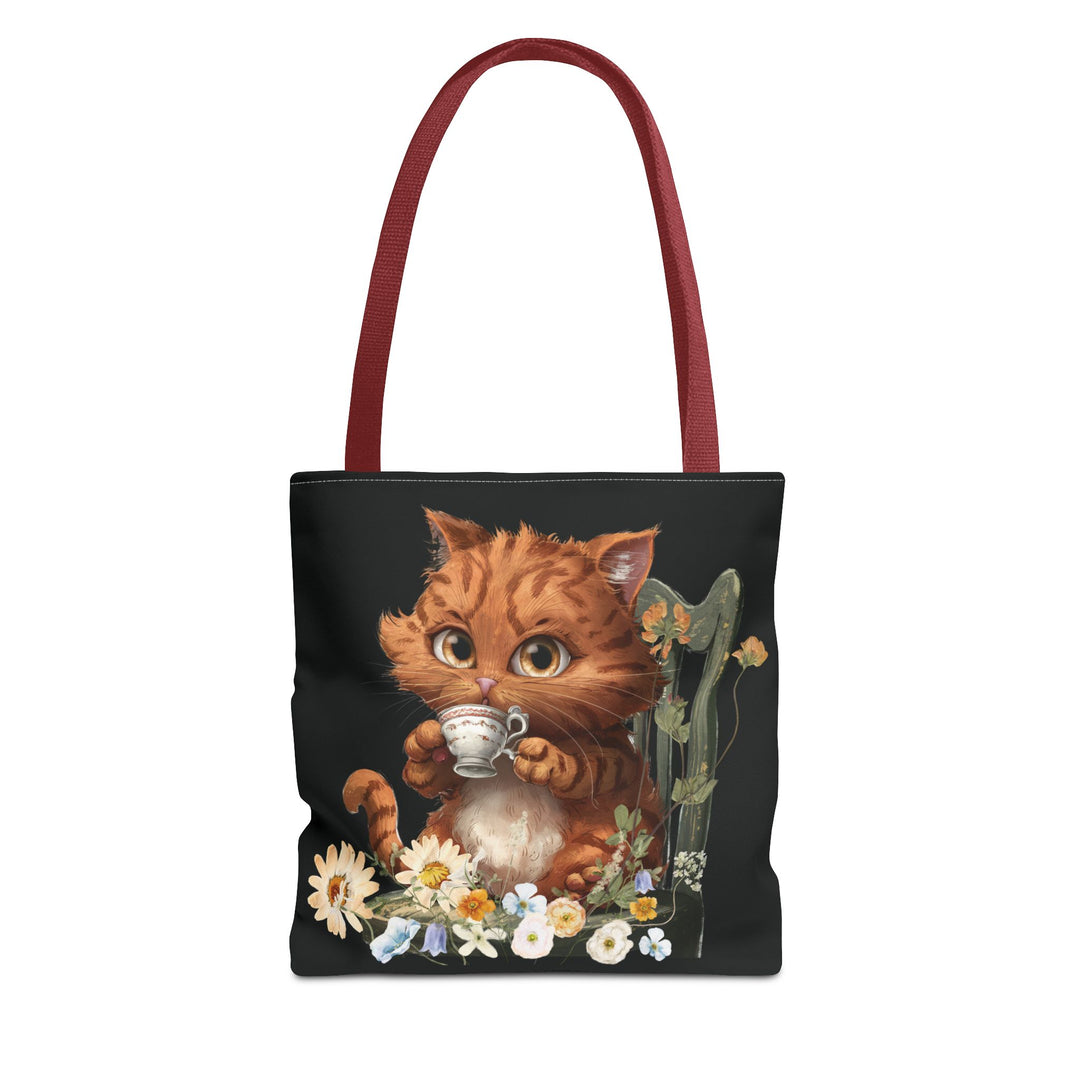 Purrfect Tea Party: Floral Cat Tote Bag Bags Printify 13" × 13'' Red