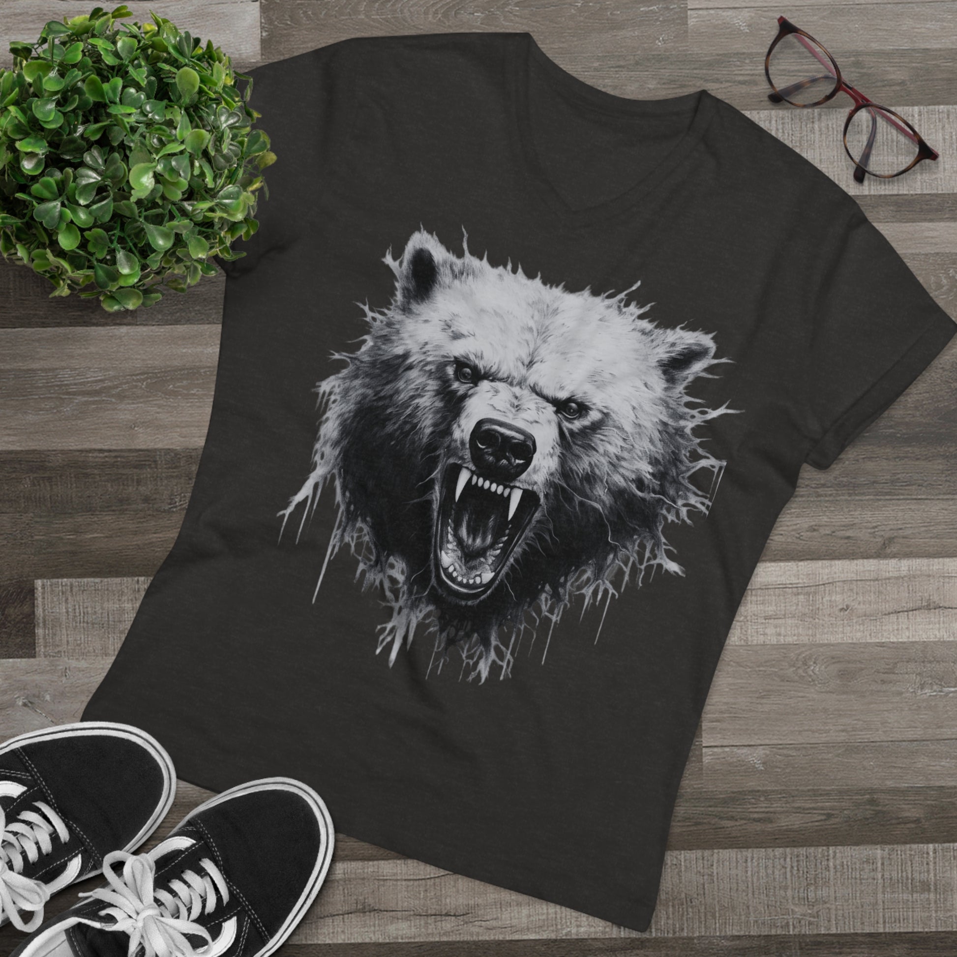 Angry Bear Close Up Men's Organic V-Neck T-Shirt | Fierce Wildlife Shirt | Nature Inspired Tee V-neck Dark Heather Grey S 
