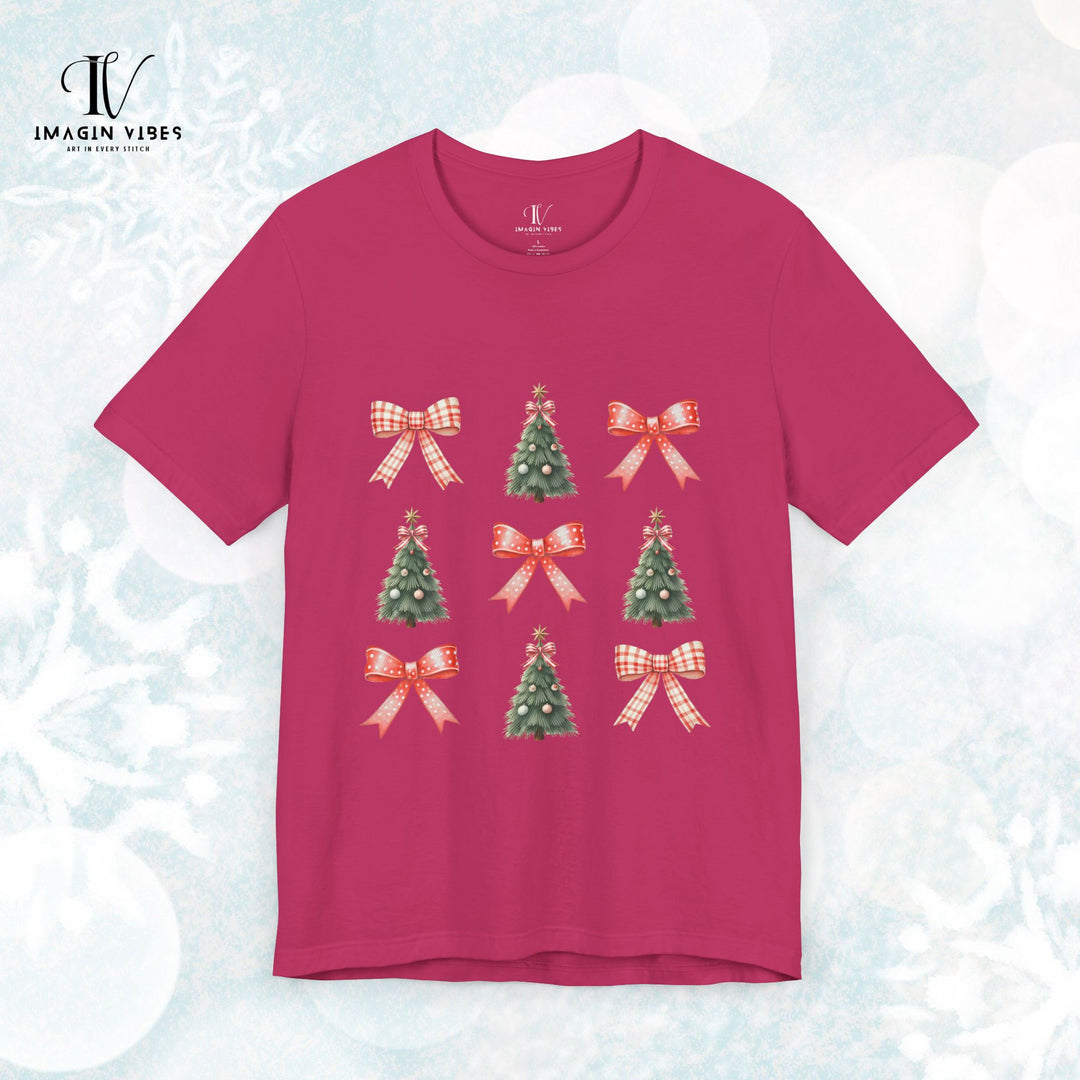 Coquette Bow Christmas Tree T-Shirt T-Shirt Printify Berry XS