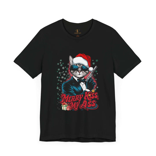 Funny Christmas Cat Unisex Tee- 'Merry Kiss My Ass' T-Shirt Printify Black XS