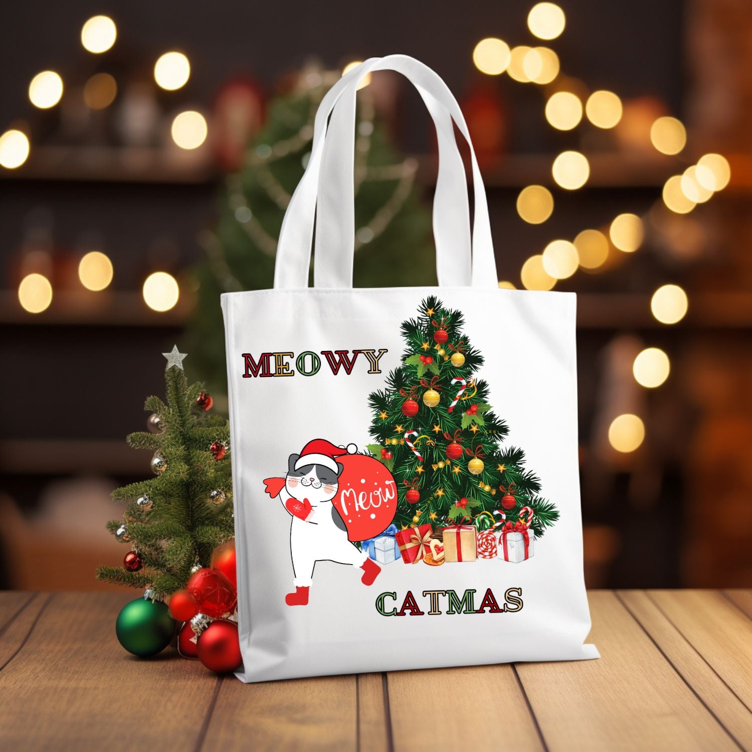 Meowy Catmas Tote Bag, Funny Black Cat Totes, Christmas Lights Cat Bags, Christmas Bags Accessories   