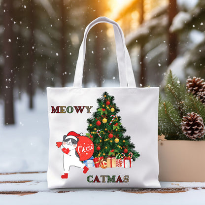 Meowy Catmas Tote Bag, Funny Black Cat Totes, Christmas Lights Cat Bags, Christmas Bags Accessories   