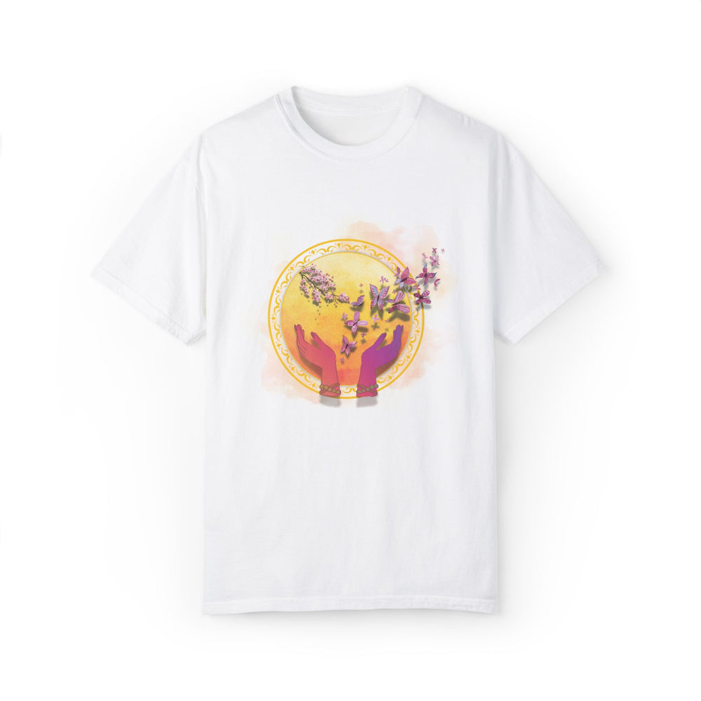 Spiritual Symbol Hands Garment-Dyed T-shirt with Flowers and Butterflies T-Shirt Printify White S