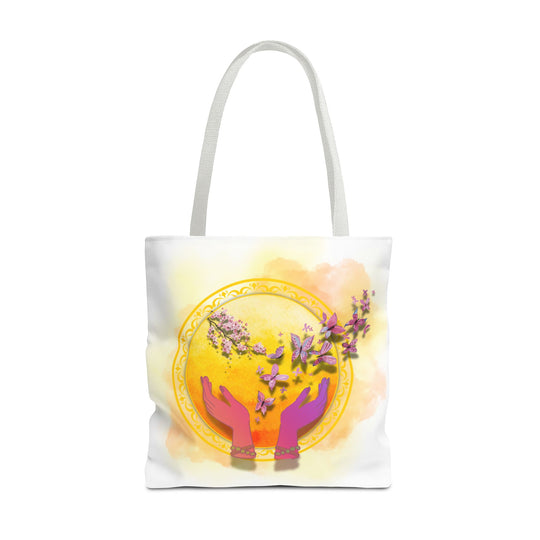 Symbolic Tote Bag with Hands, Orb, Flowers, and Butterflies Bags Printify