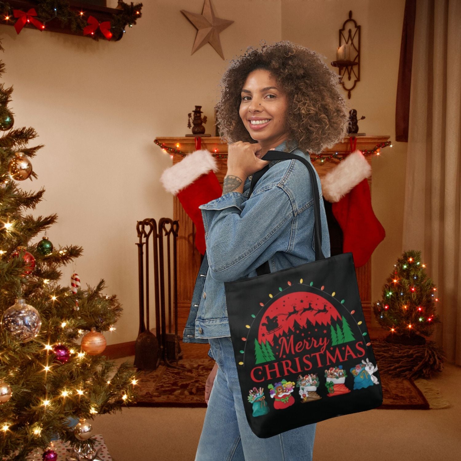 Christmas Tote Bag | Present Gift Carryall with Santa Claus and Reindeers Design Accessories   