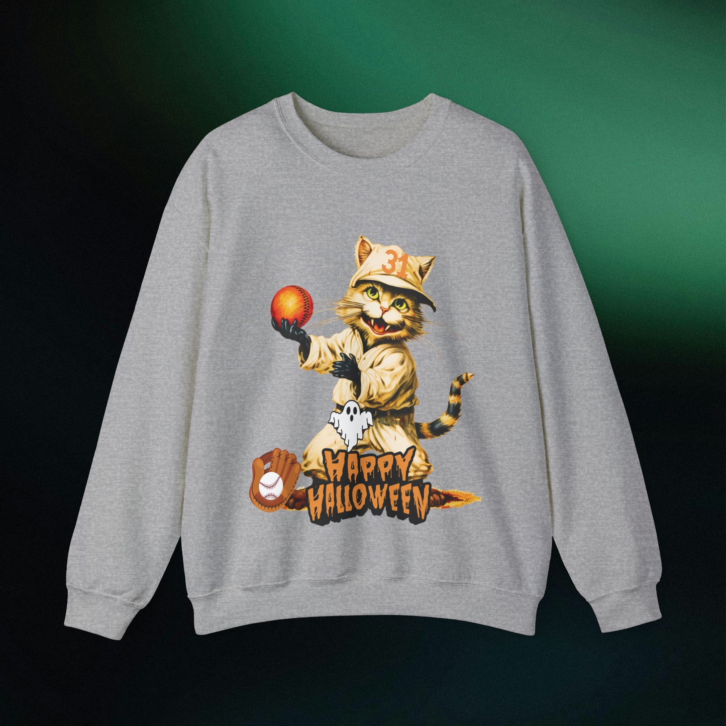 Halloween Cat Baseball Sweatshirt | Happy Halloween - Spooky Sports | Halloween Fun Sweatshirt Sweatshirt S Sport Grey 