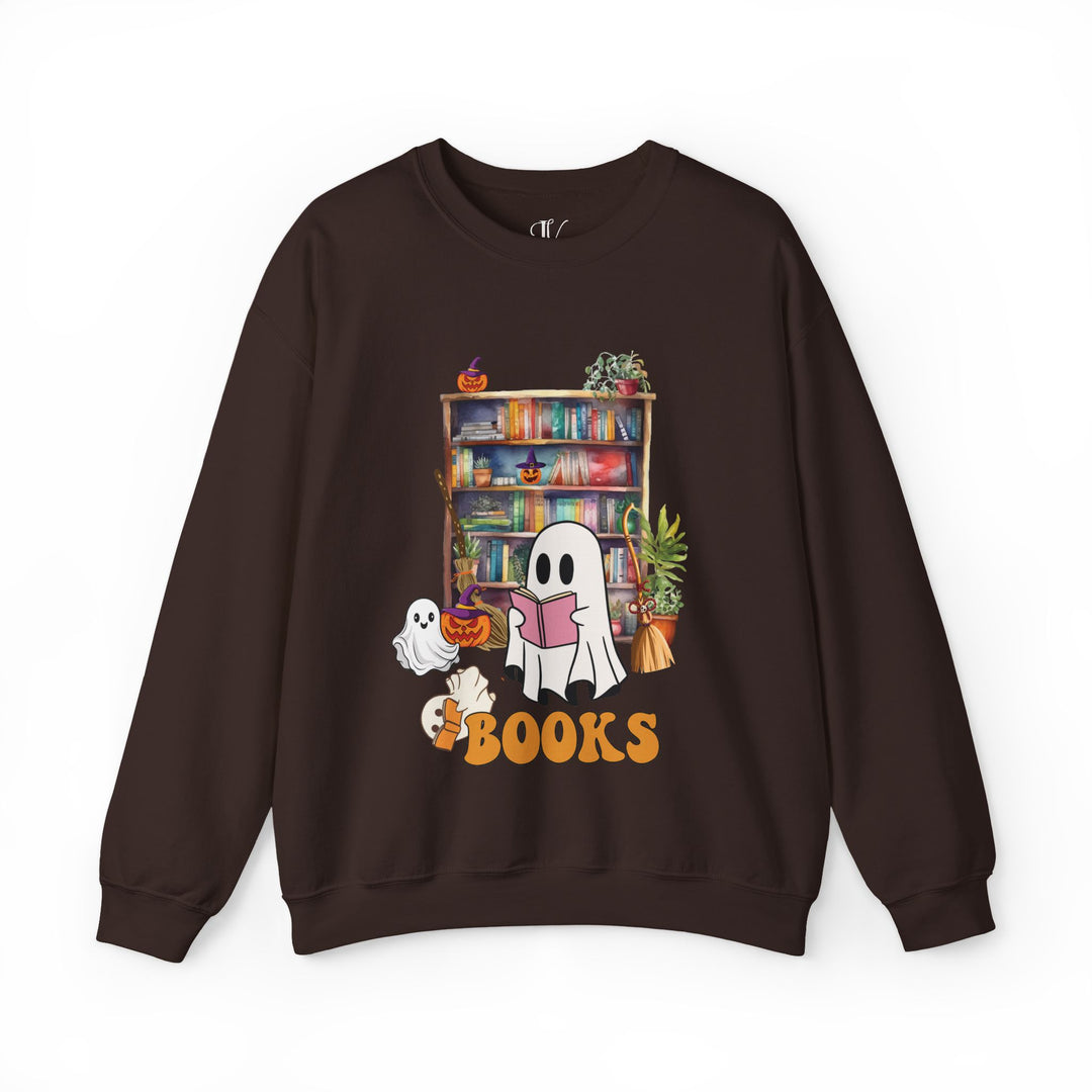Bookworm Witch Fall Sweatshirt: "BOOKS" Design, Ghosts & Pumpkins Sweatshirt Printify S Dark Chocolate