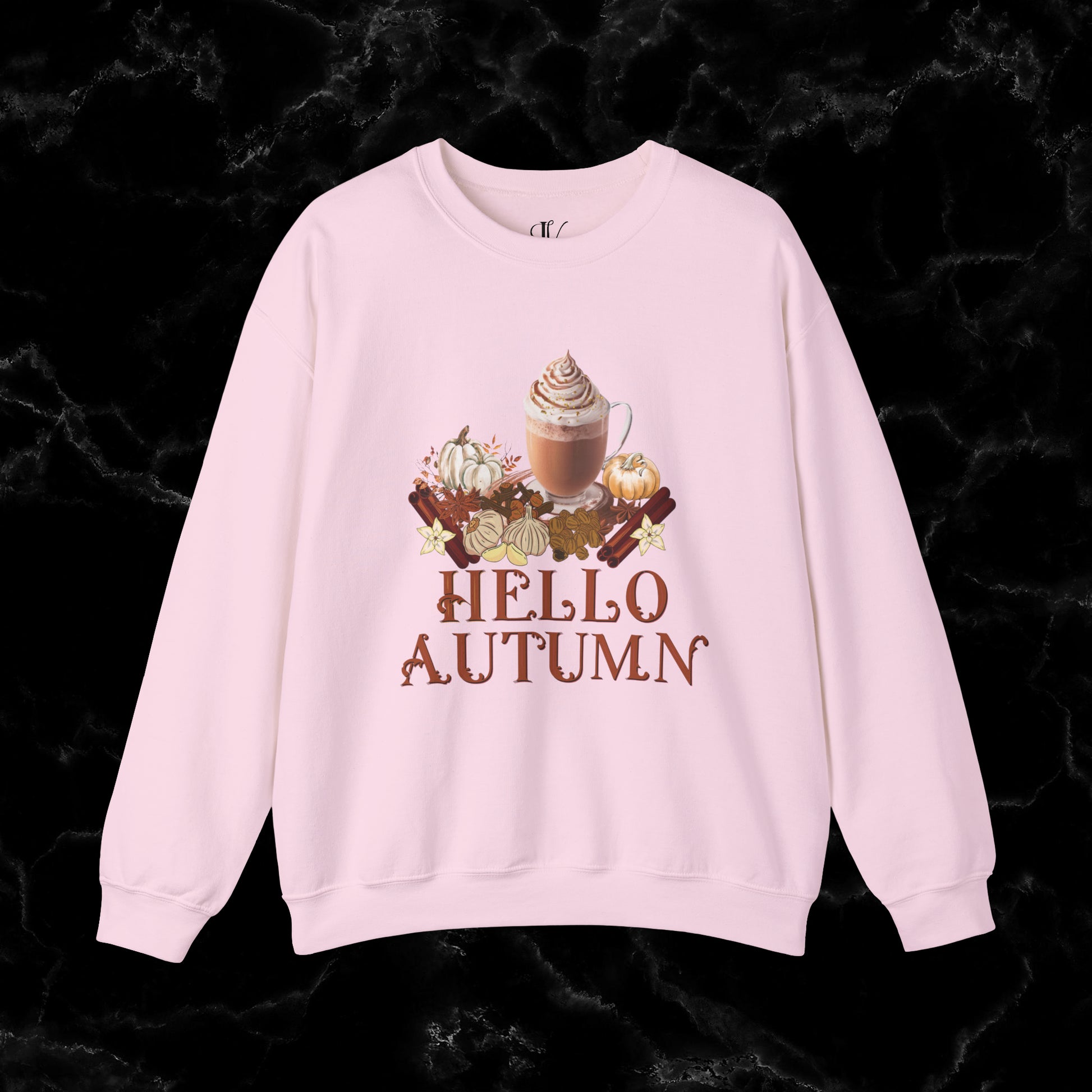 Hello Autumn Jumper | Pumpkin Spice Latte Leaves Sweatshirt - Fall Fashion Sweatshirt S Light Pink 