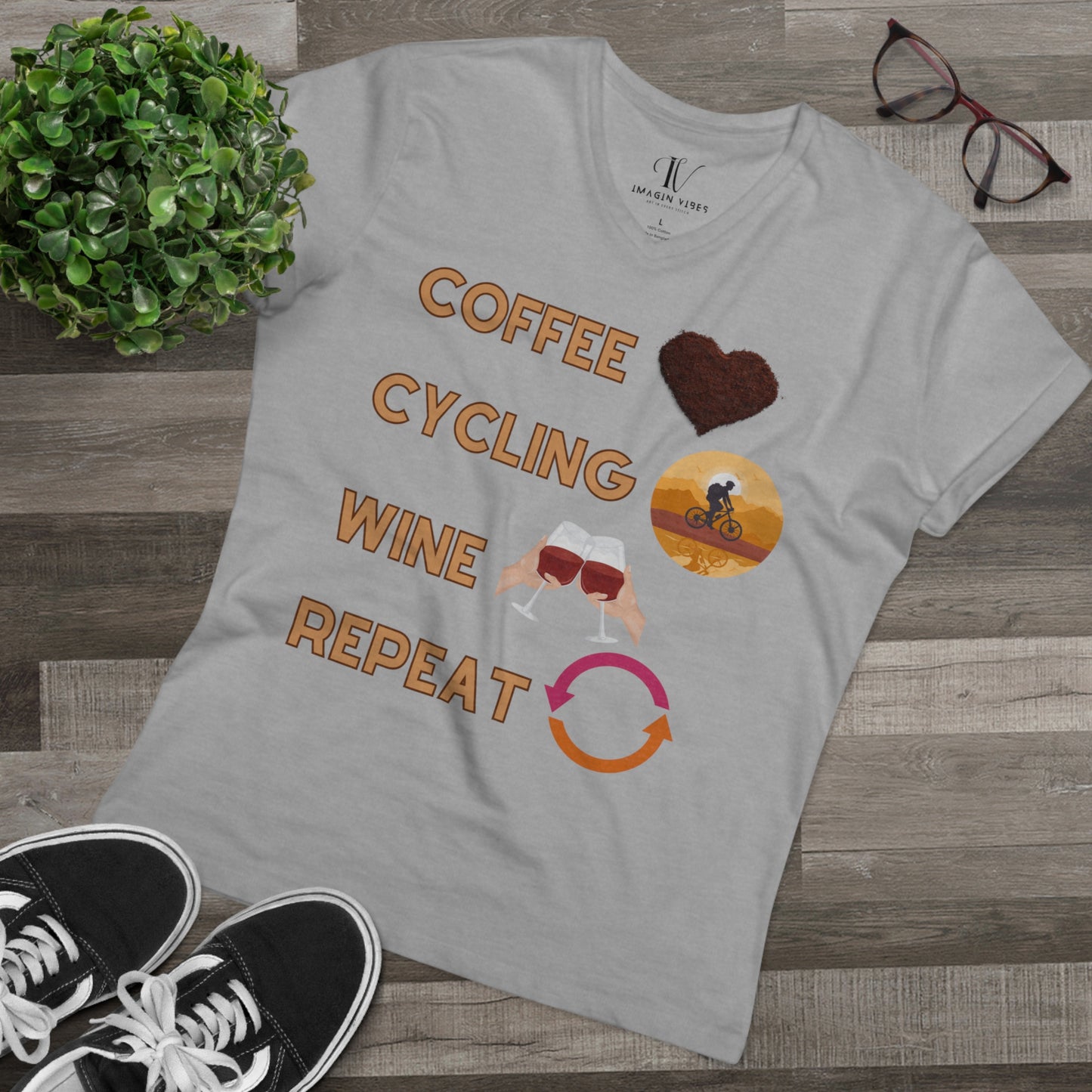 Minimalistic Bicycle T-Shirt for Men - Cotton Shirts, Eco-Friendly Gift for Coffee and Cycling Enthusiasts V-neck Heather Grey S 