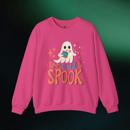 Ghost Reading Books Sweater | Bookish Halloween Sweatshirt - Halloween Teacher Gift, Librarian Halloween Hoodie, Ghost Crewneck - 'Too Tired to Spook' Sweatshirt S Heliconia 