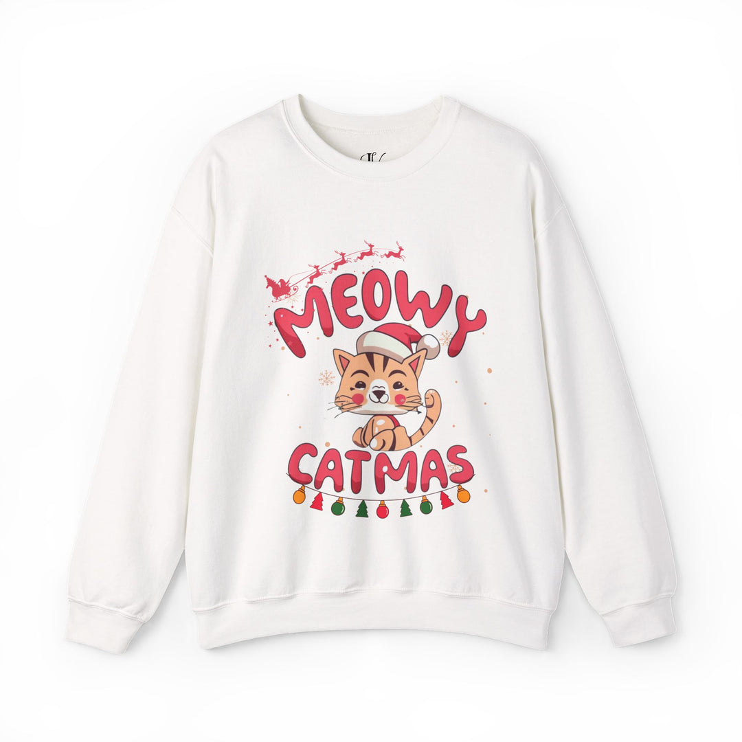 Funny Meowy Catmas Crewneck Sweatshirt Sweatshirt Printify S White