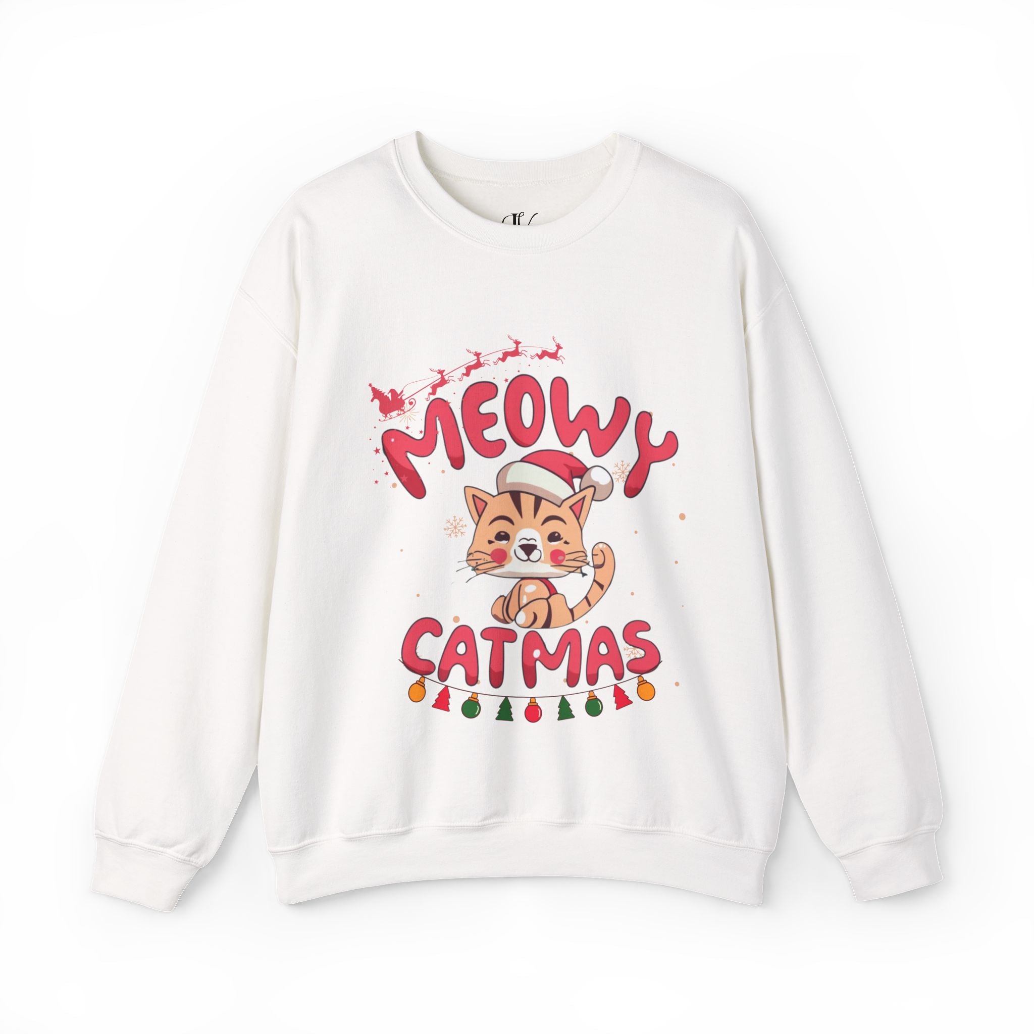 Funny Meowy Catmas Crewneck Sweatshirt Sweatshirt Printify S White