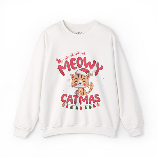 Funny Meowy Catmas Crewneck Sweatshirt Sweatshirt Printify S White
