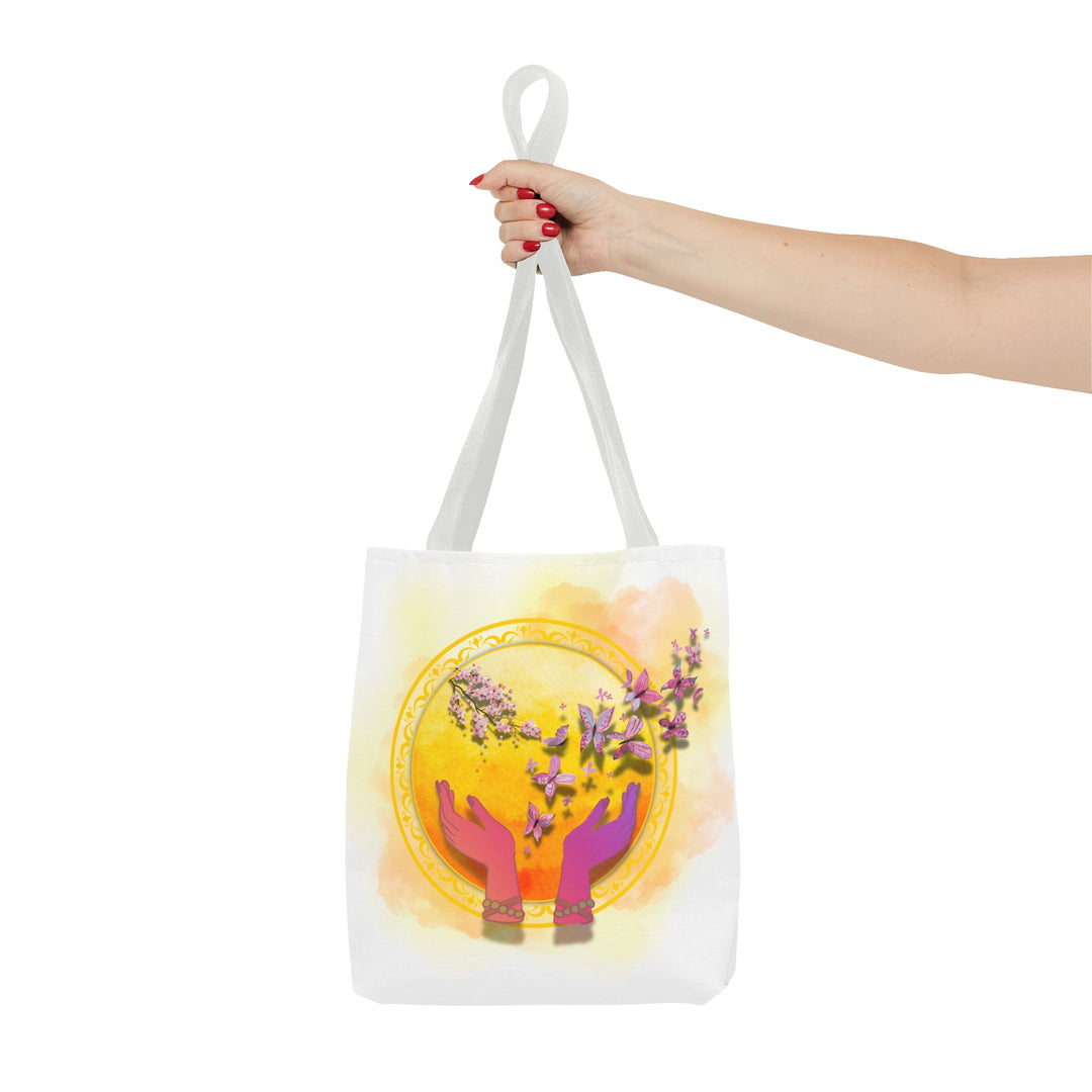 Symbolic Tote Bag with Hands, Orb, Flowers, and Butterflies Bags Printify