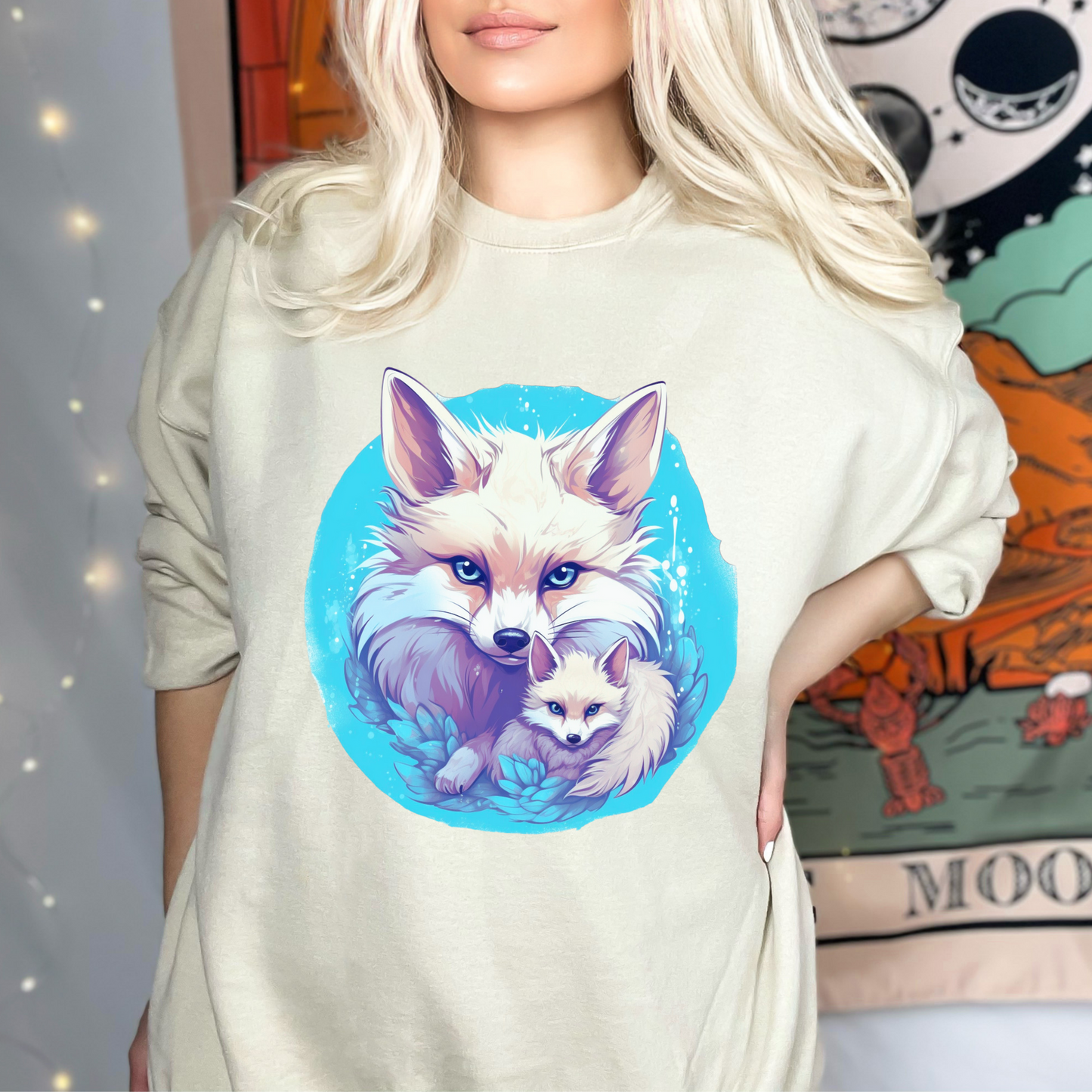 Cozy Cute Fox Cottagecore Sweatshirt | Vintage Forest Witch Aesthetic Sweater with Mommy and Baby Fox Sweatshirt S Sand 