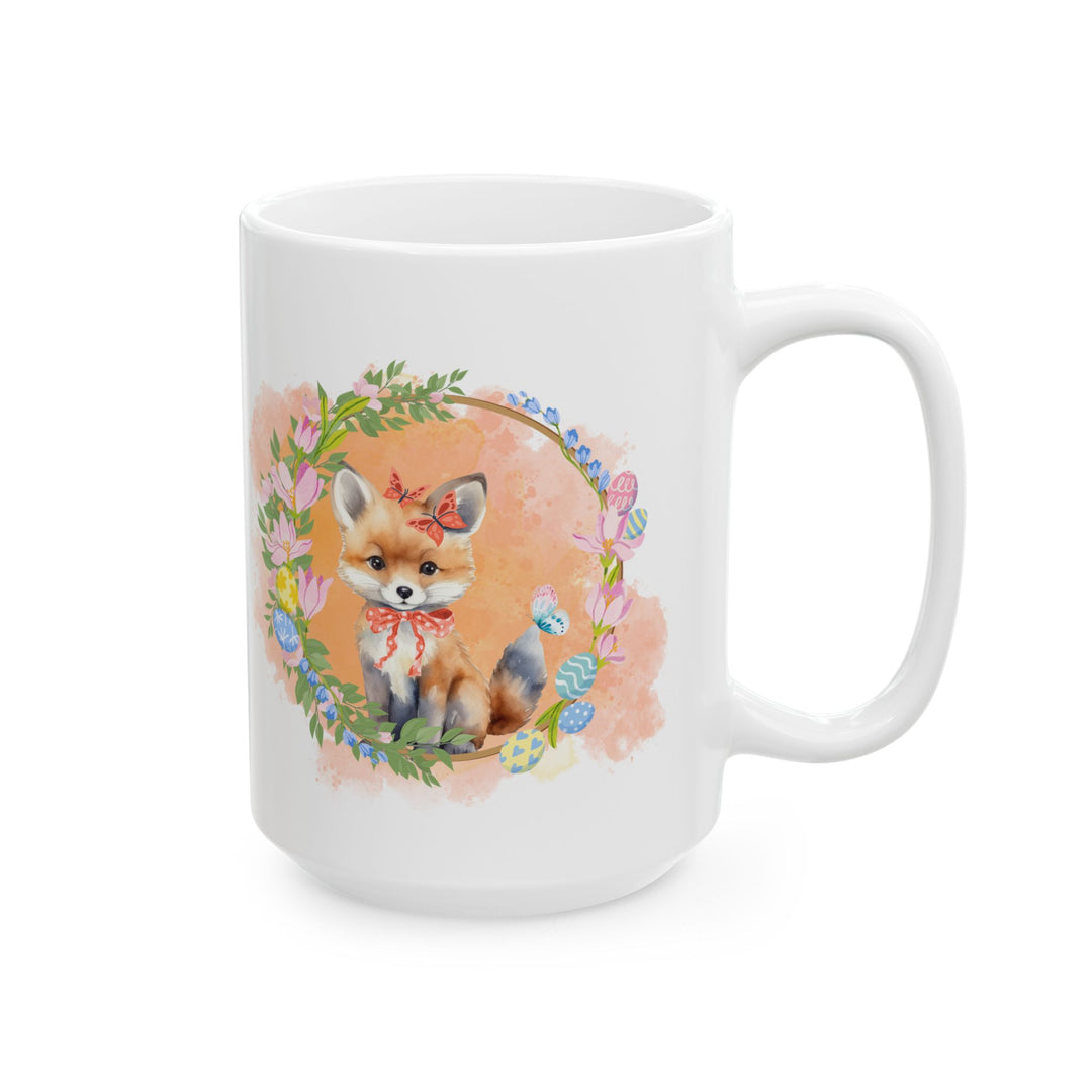 Fox Ceramic Mug - Easter Springtime Floral Wreath Mug Printify