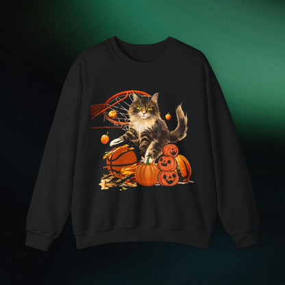 Halloween Cat Basketball Sweatshirt | Playful Feline and Pumpkins - Spooky Sports | Halloween Fun Sweatshirt Sweatshirt S Black 