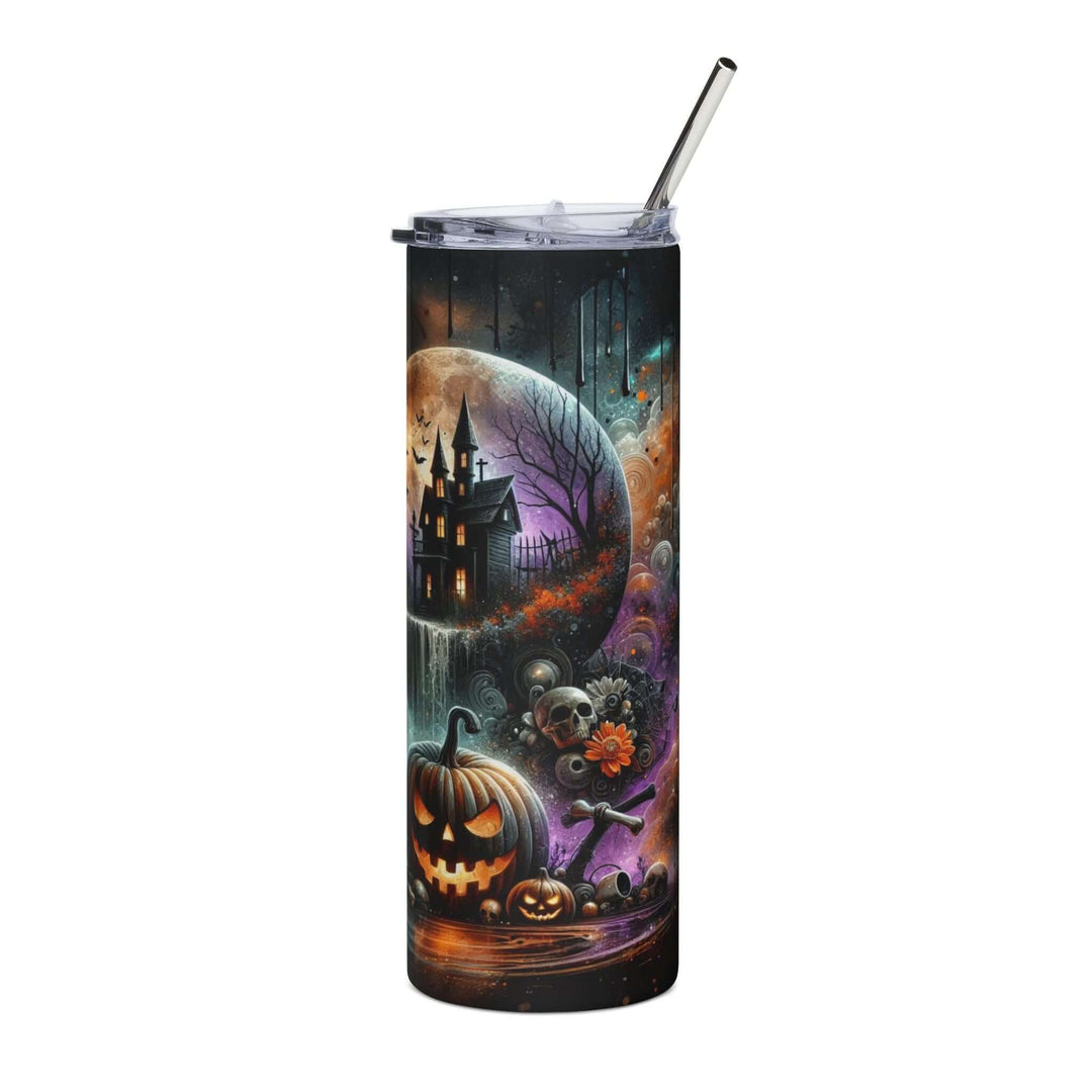 Halloween Gothic Tumbler — Witch Silhouettes, Haunted Houses & Pumpkins (20oz Stainless Steel) Mug Printify