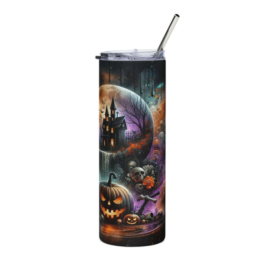 Halloween Gothic Tumbler — Witch Silhouettes, Haunted Houses & Pumpkins (20oz Stainless Steel) Mug Printify