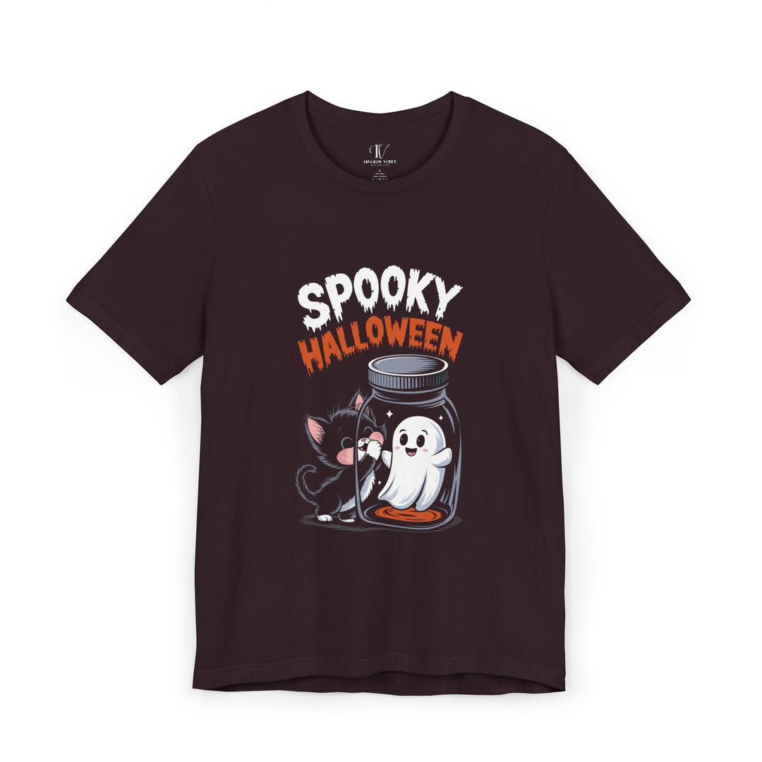 Spooky Cat & Ghost Halloween T-Shirt T-Shirt Printify Oxblood Black XS