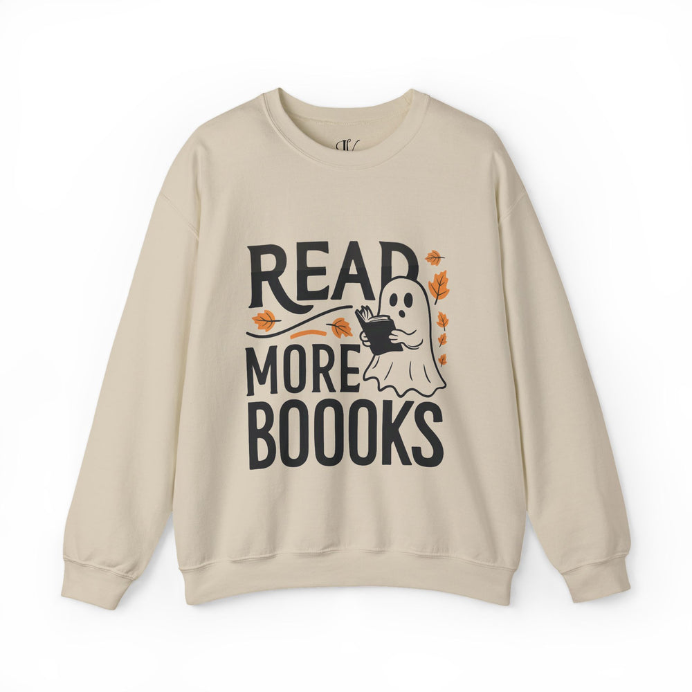 Bookworm Ghost: Spooky Halloween Sweatshirt Sweatshirt Printify S Sand