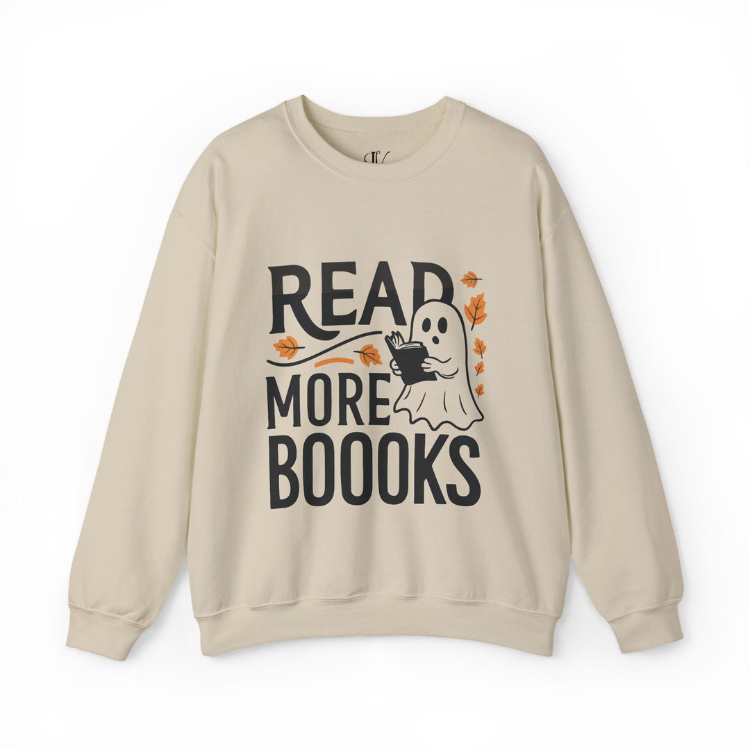 Bookworm Ghost: Spooky Halloween Sweatshirt Sweatshirt Printify S Sand
