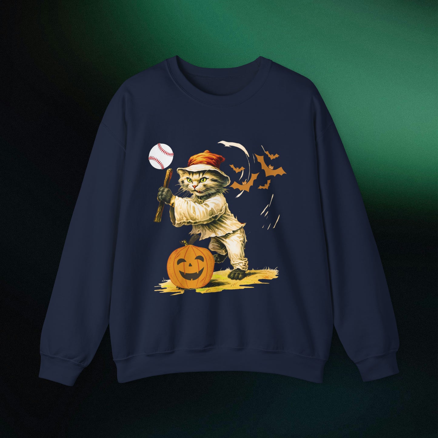 Halloween Cat Baseball Sweatshirt | Playful Feline and Pumpkins - Spooky Sports | Halloween Fun Sweatshirt Sweatshirt M Navy 