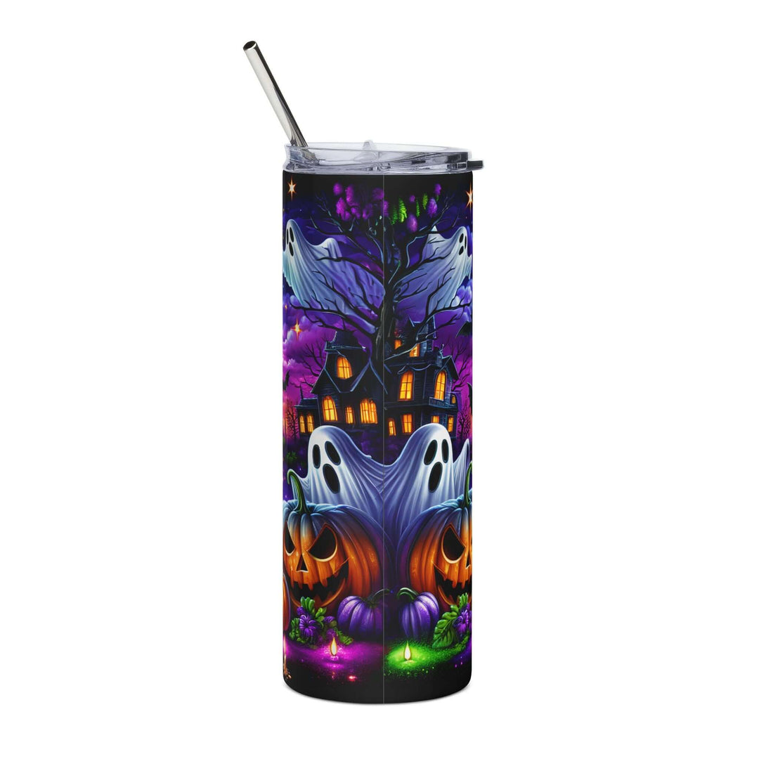 Halloween Tumbler — 20oz Stainless Steel with Black Cats, Ghosts & Haunted House Mug Printify