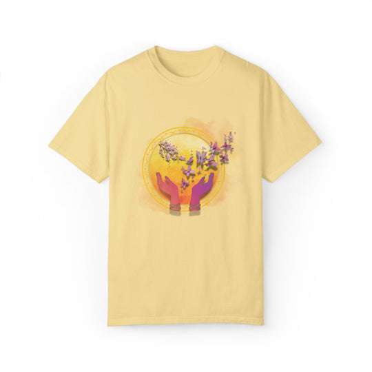 Spiritual Symbol Hands Garment-Dyed T-shirt with Flowers and Butterflies T-Shirt Printify Butter S