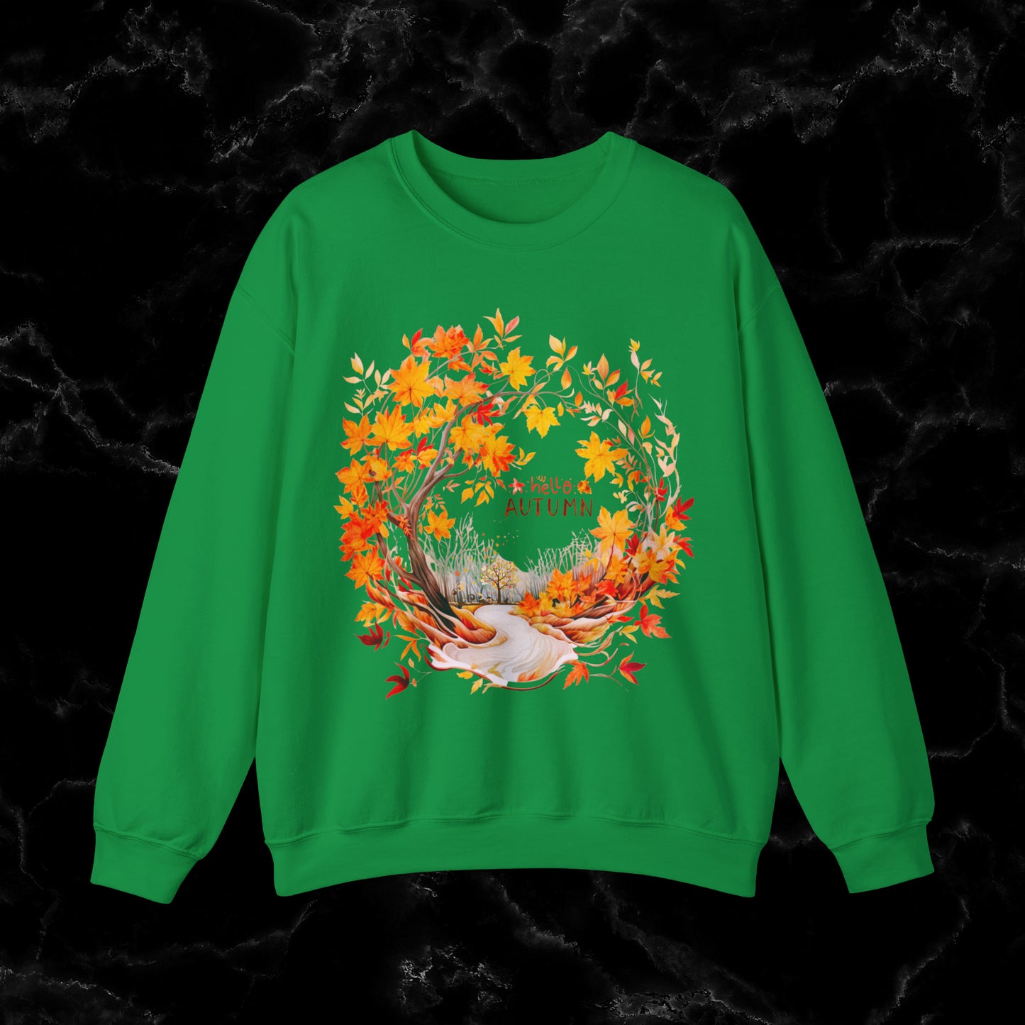 Hello Autumn Sweatshirt | Fall Design | Fall Seasonal Sweatshirt | Autumn Design For Fall Lover Sweatshirt S Irish Green 