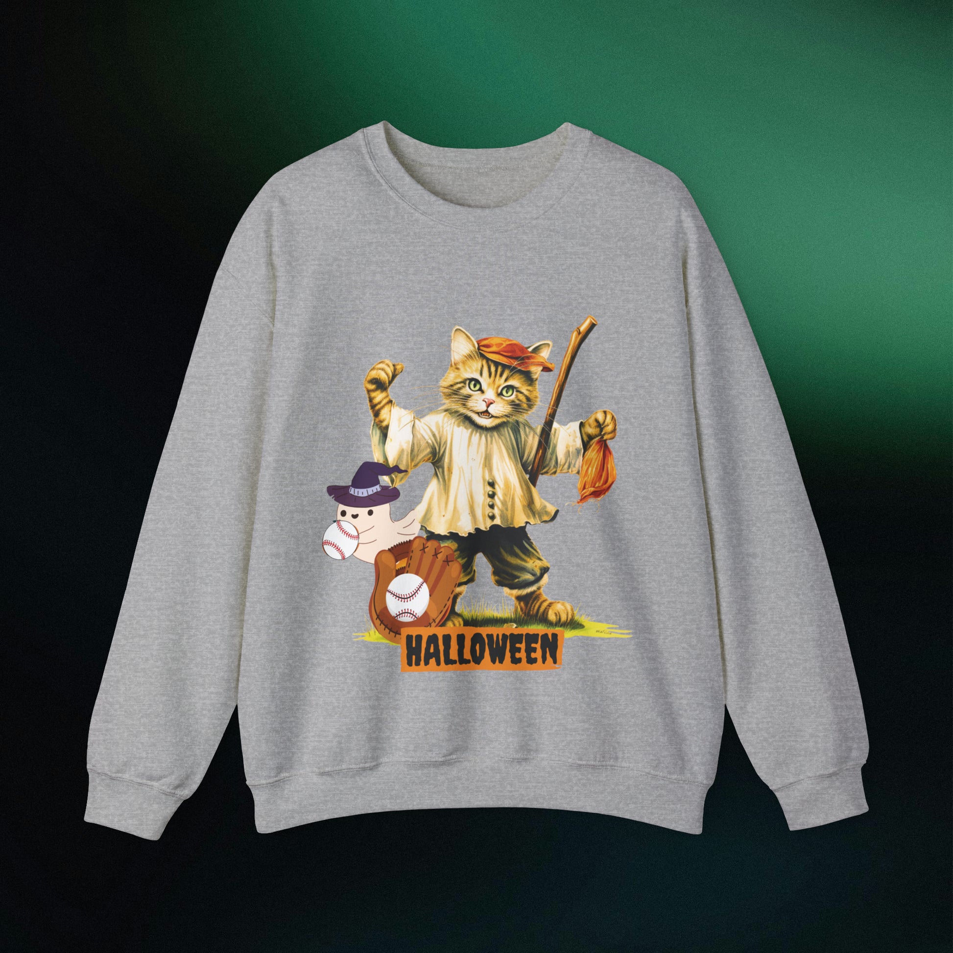 Halloween Cat Baseball Sweatshirt | Playful Feline and Pumpkins | Spooky Sports | Halloween Fun Sweatshirt Sweatshirt S Sport Grey 