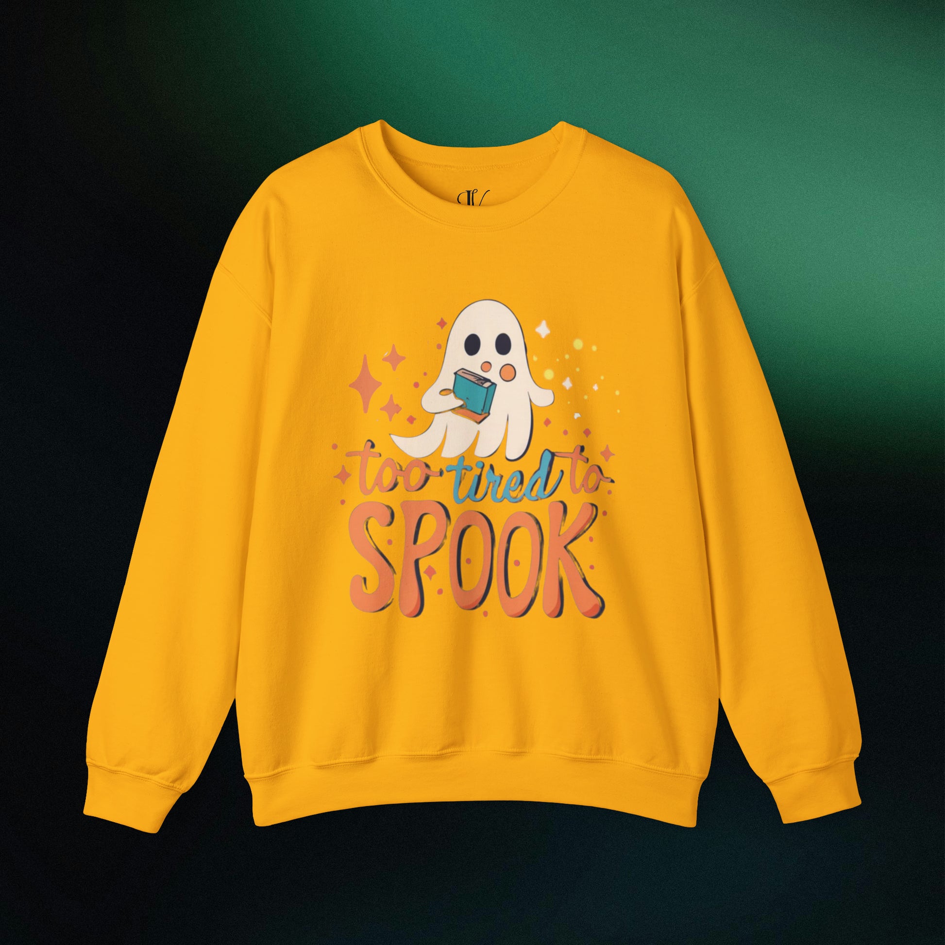 Ghost Reading Books Sweater | Bookish Halloween Sweatshirt - Halloween Teacher Gift, Librarian Halloween Hoodie, Ghost Crewneck - 'Too Tired to Spook' Sweatshirt S Gold 