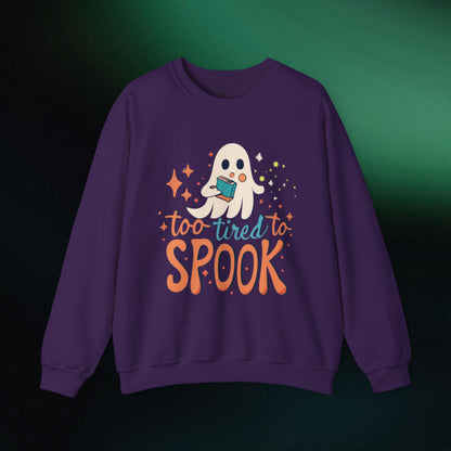 Ghost Reading Books Sweater | Bookish Halloween Sweatshirt - Halloween Teacher Gift, Librarian Halloween Hoodie, Ghost Crewneck - 'Too Tired to Spook' Sweatshirt S Purple 
