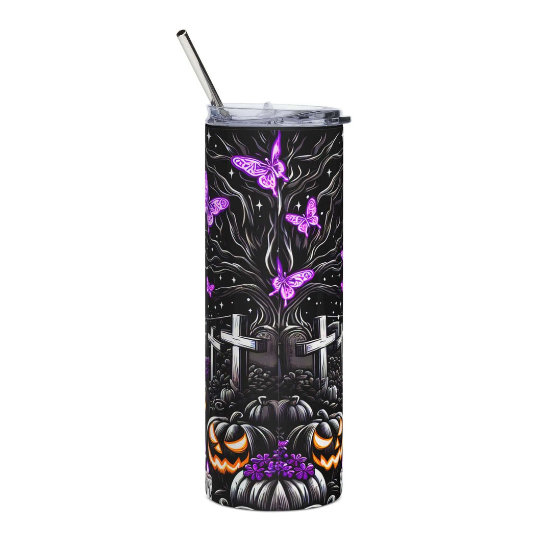 Spooky Vibes 20oz Stainless Steel Tumbler — Haunted Houses, Bats & Pumpkins Mug Printify