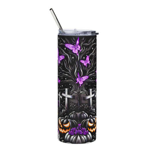 Spooky Vibes 20oz Stainless Steel Tumbler — Haunted Houses, Bats & Pumpkins Mug Printify