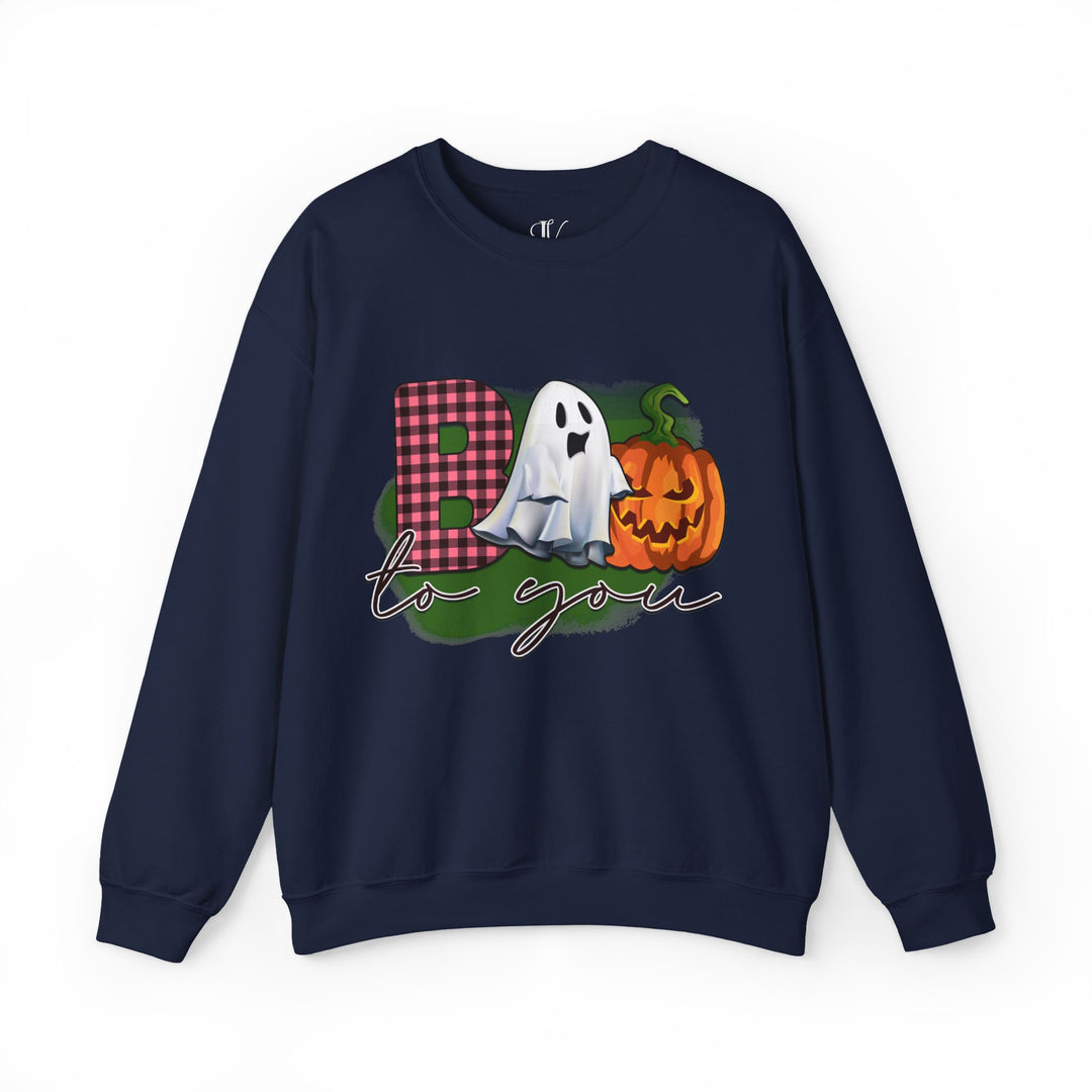 Boo To You! Cute Ghost and Pumpkin Sweatshirt Sweatshirt Printify S Navy