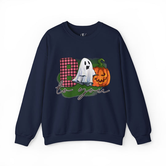 Boo To You! Cute Ghost and Pumpkin Sweatshirt Sweatshirt Printify S Navy