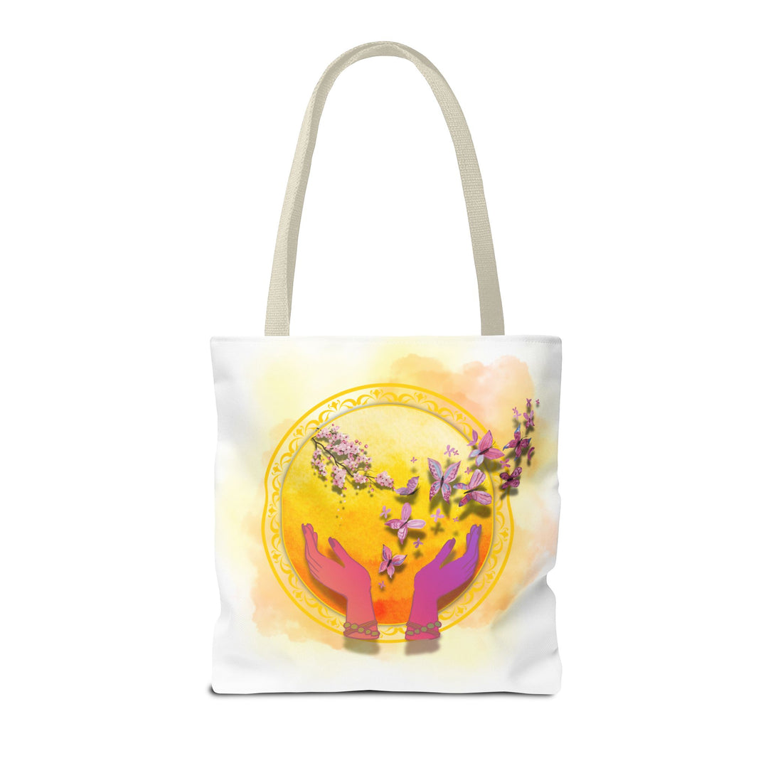 Symbolic Tote Bag with Hands, Orb, Flowers, and Butterflies Bags Printify