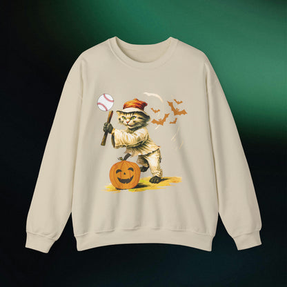 Halloween Cat Baseball Sweatshirt | Playful Feline and Pumpkins - Spooky Sports | Halloween Fun Sweatshirt Sweatshirt S Sand 